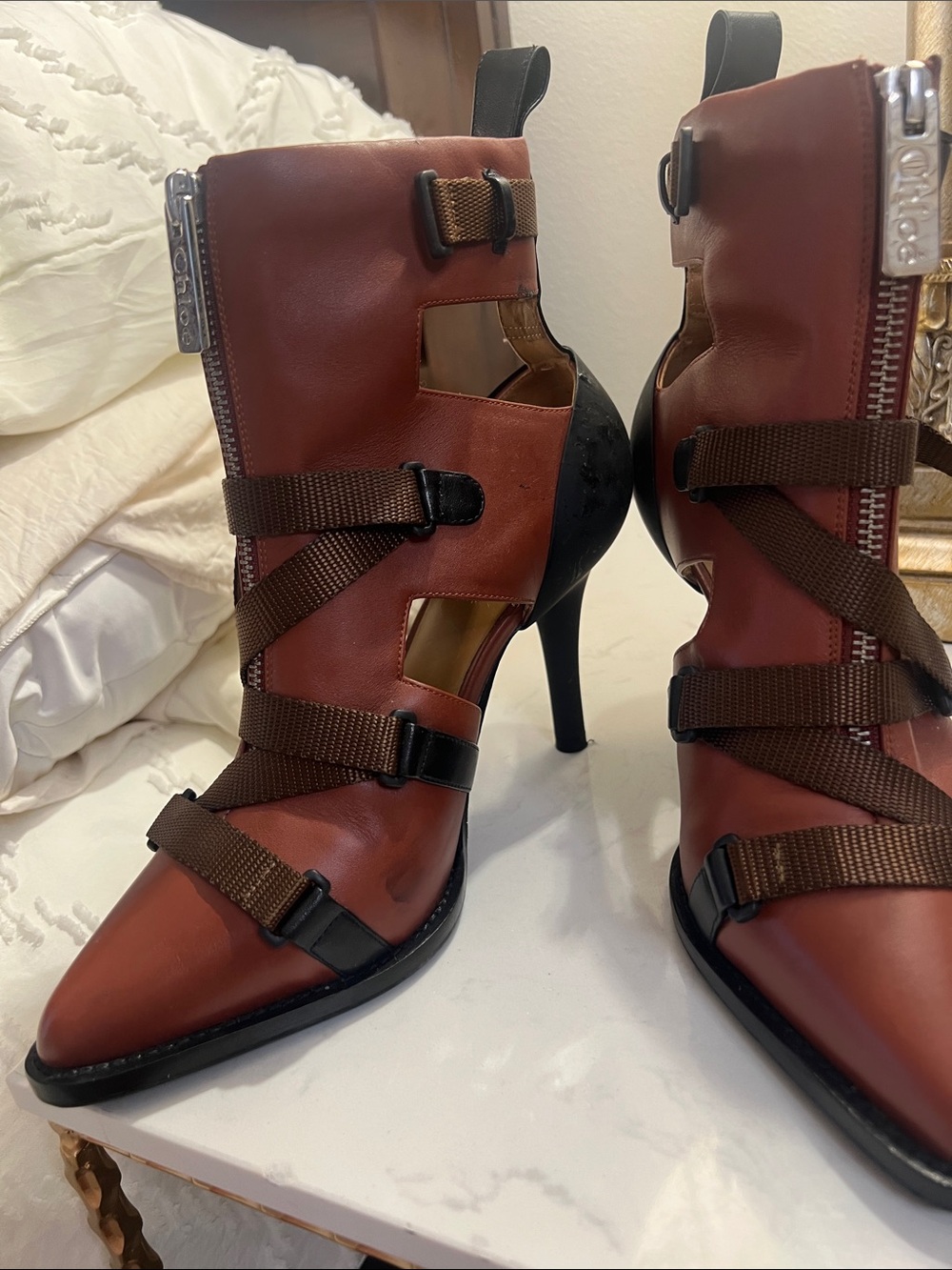 Chloe Brown Cutout Strappy High-Heel Ankle Boots